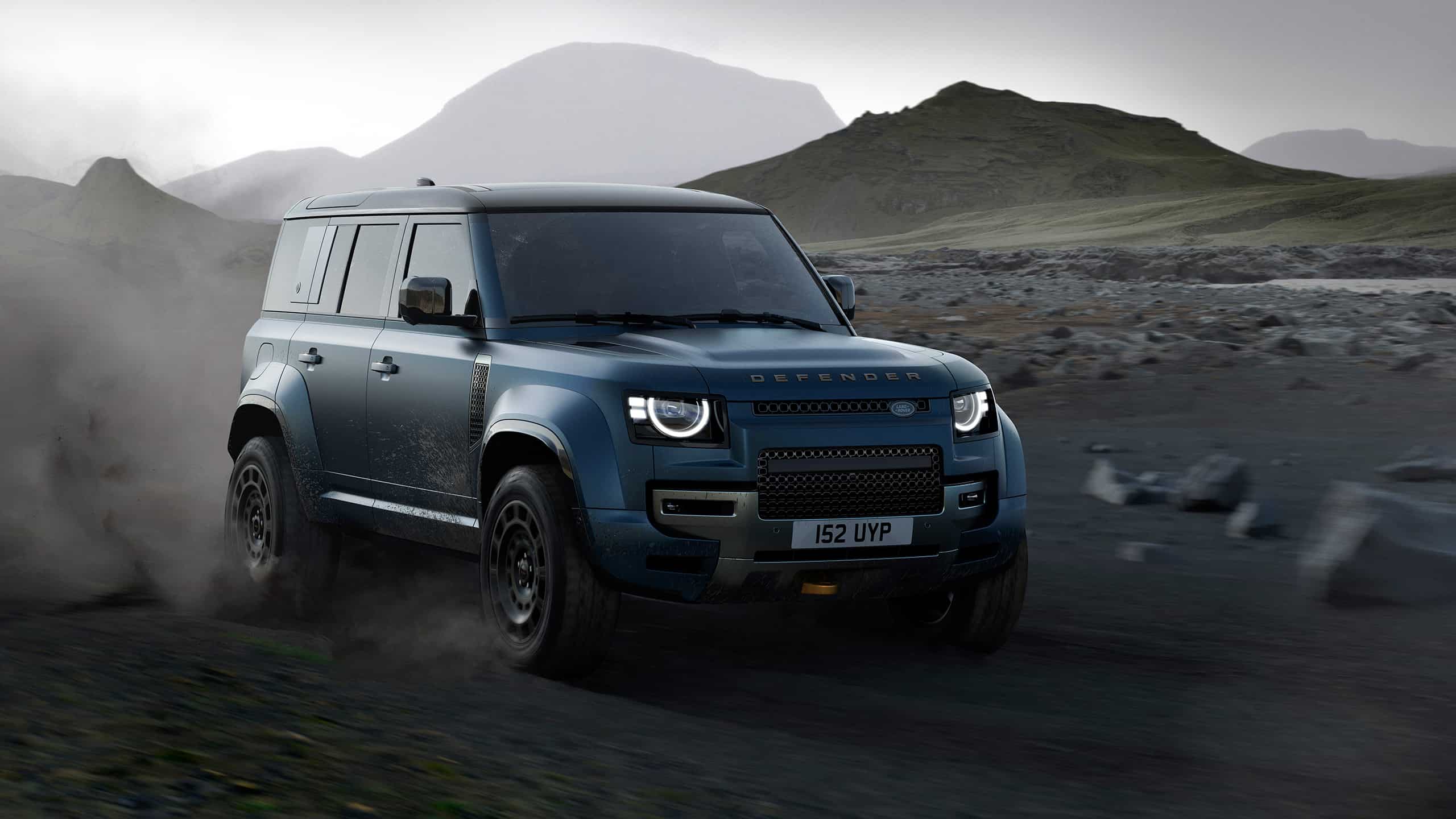 Defender drifiting on mountain road